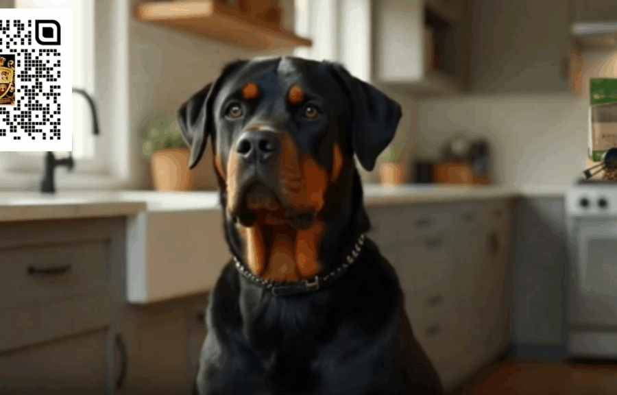 Rottweier waiting patiently to eat. 84gotrotts.com